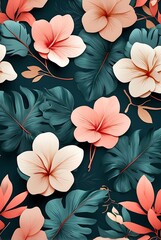 Poster - Seamless pattern with tropical leaves and hibiscus flowers
