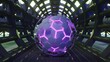 Purple glowing hexagon sphere in futuristic 3D tunnel