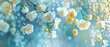A closeup of white and yellow blossoms hanging from tree branches with a blurred blue background.