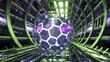 Iridescent hexagon sphere in blue futuristic 3D tunnel