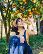 woman is sitting in the grass and picking oranges from a tree