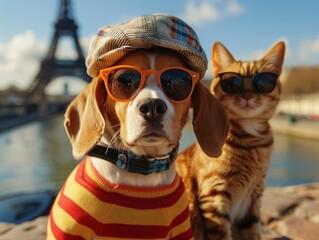 beagle with long ears wearing a basque hat , sunglasses, and stripe tshirs and a cat , sunglasses, andstriuped tshirt both sitting in paris, tour eifel in the background