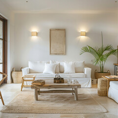 a view of the living room of a white apartment in with wall sconce 