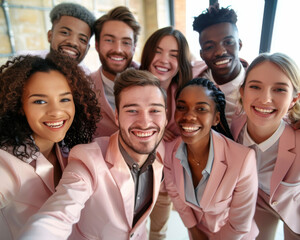 Wall Mural - Professional photo studio selfie with good soft lighting of a very happy small group of business people with different ethnicity