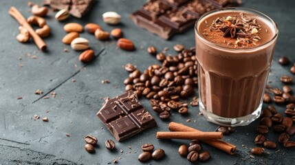 Chocolate smoothie on a glass with coffee beans and nuts on grey stone background