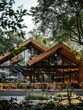 The exterior of the wooden restaurant building is made up of two connected roof silhouettes, featuring sloping roofs and large windows that offer views to the outdoors green landscape with trees The a