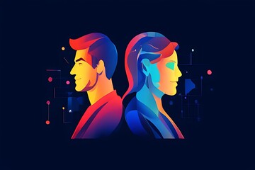 young man and young woman on geometric multicolored background love. romance Flat design of two people facing each others with ideas in their heads , team working or brainstorming illustration concept