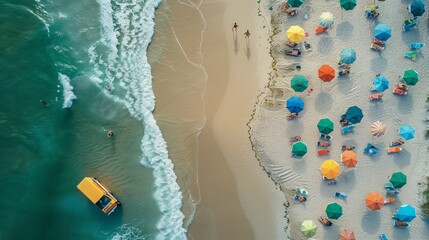 Wall Mural - A bustling beach scene captured from above: colorful beach umbrellas dotting the sand