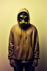 A man wearing a gas mask and a hooded sweatshirt