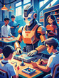 Futuristic Robot Assisting Students in a Modern Classroom Setting