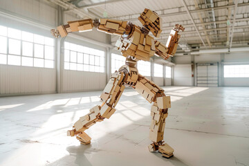 A dancing robot is assembled from boards of different pieces of wood.