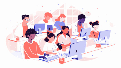 Diverse Team Collaboration in Modern Office Illustration