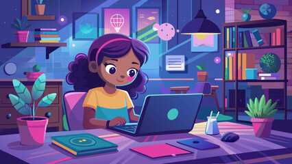 Wall Mural - Young Girl Studying at Home with Laptop in Colorful Room at Night