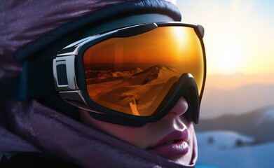 Sticker - A woman wearing goggles and a scarf is looking out at a snowy mountain