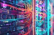 A pixelated tangle of brightly colored network cables behind a server rack, creating a chaotic yet nostalgic aesthetic