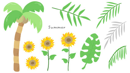Wall Mural - Summer plants, cute hand drawn illustration set, sunflower, palm tree, monstera / 夏の植物、かわいい手描きのイラストセット、ひまわり、ヤシの木、モンステラ