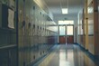 © Studium L&M - Empty school corridor with rows of lockers and sunlit doors, evoking quiet and solitude.