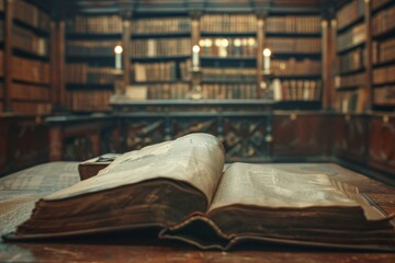 Wall Mural - Old book open on desk in historic library with candlelight, intricate wooden shelves full of books blur in background.