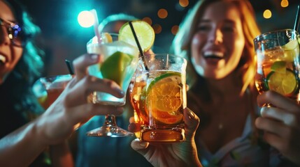 Group of friends having drinks at the night club party. Young people enjoying at a bar toasting cocktails.