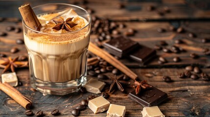 Irish cream and coffee cocktail in a glass with ice on an old wooden background. Coffee beans, cinnamon, anise, and pieces of chocolate are scattered on the table