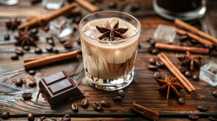 Wall Mural - Irish cream and coffee cocktail in a glass with ice on an old wooden background. Coffee beans, cinnamon, anise, and pieces of chocolate are scattered on the table