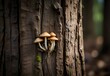 Tiny mushrooms sprout from a tree trunk, contrasting with its rough bark, generative AI