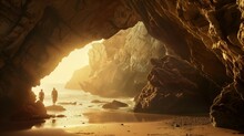 A Couple Exploring A Hidden Cave Along The Coastline, With Sunlight Streaming Through Openings In The Rock Formations.