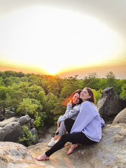 Poster - happy couple women friends taking picture on sunset