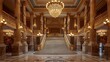 Palace ballroom reception area with a grand staircase and marble columns.