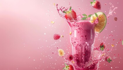 A splash of smoothies on a technological background merges taste with techsavvy lifestyle choices, Cinematic Look Sharpen banner background concept 3D with copy space