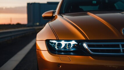 Wall Mural - Close-up of the headlights of a car on the road at sunset