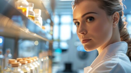 Poster - A focused woman in a lab coat stands among shelves of scientific equipment, her gaze intent and determined.