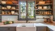 Rustic home kitchen with a farmhouse sink and open shelving.