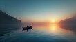 A lake fishing trip with a person in a boat at dawn.