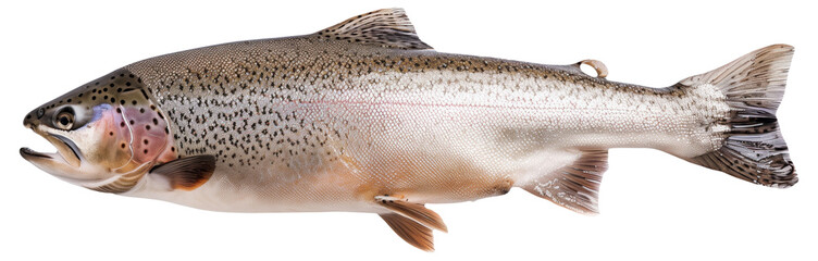 Realistic image of a rainbow trout on a white background, showcasing detailed features.