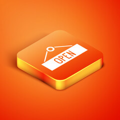 Sticker - Isometric Hanging sign with text Open door icon isolated on orange background. Vector Illustration