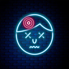 Poster - Glowing neon line Man having headache, migraine icon isolated on brick wall background. Colorful outline concept. Vector