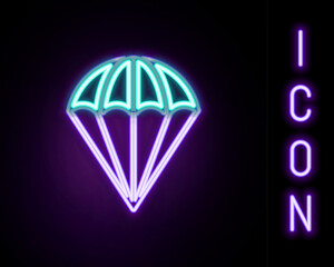 Sticker - Glowing neon line Parachute icon isolated on black background. Colorful outline concept. Vector