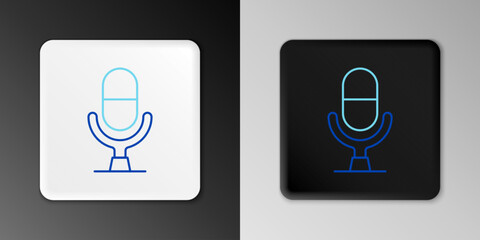 Poster - Line Microphone voice device icon isolated on grey background. Microphone interpreter and alphabet letters. Colorful outline concept. Vector