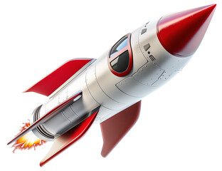 Sticker - Colorful cartoon-style rocket with red fins and a fire trail on white background