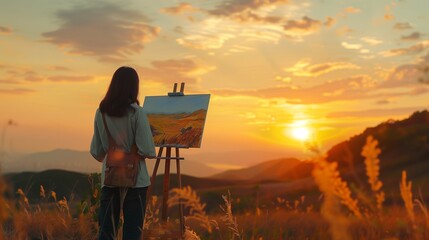 Wall Mural - A woman painting a landscape air, with the sun setting behind her.