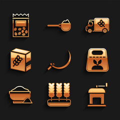 Canvas Print - Set Sickle, Wheat, Manual coffee grinder, Pack full seeds plant, Flour bowl, pack, truck and icon. Vector