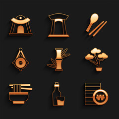 Sticker - Set Bamboo, Soju bottle, South Korean won coin, Bonsai tree, Ramen, lantern, Food chopsticks and temple icon. Vector