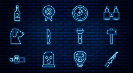 Poster - Set line Shotgun, Road traffic sign, Compass, Hunter knife, Dog, Bottle of vodka, Flashlight and Target sport icon. Vector