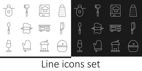 Wall Mural - Set line Kitchen timer, Meat chopper, Cookbook, Rolling pin on dough, Teaspoon, apron, Electronic scales and hammer icon. Vector