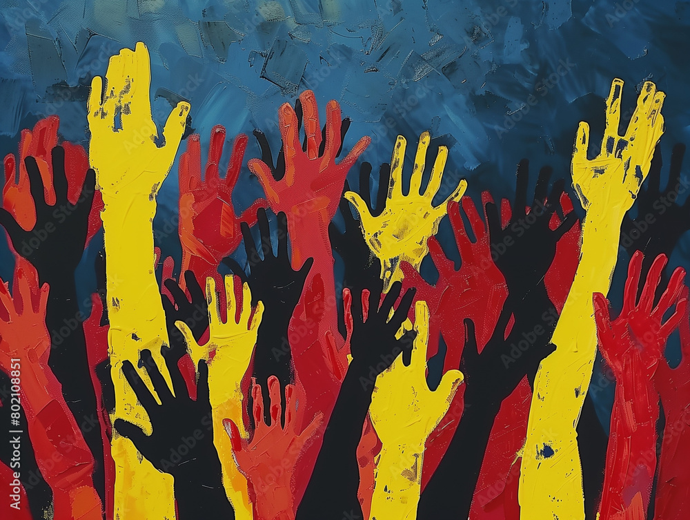 A painting of many hands reaching up with one hand in the middle of the ...