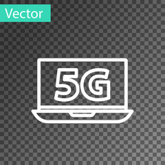 Poster - White line Laptop with 5G new wireless internet wifi icon isolated on transparent background. Global network high speed connection data rate technology. Vector