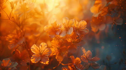 Wall Mural - A close up of a bunch of orange flowers with a blue background