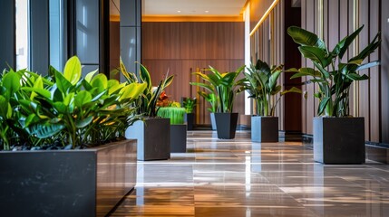 Commercial building lobby adorned with decorative planters and foliage, enhancing the aesthetics and ambiance.