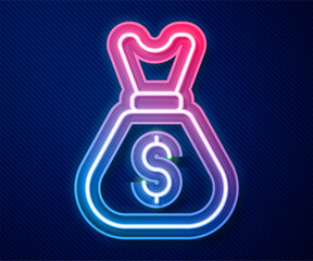 Poster - Glowing neon line Old money bag icon isolated on blue background. Cash Banking currency sign. Vector